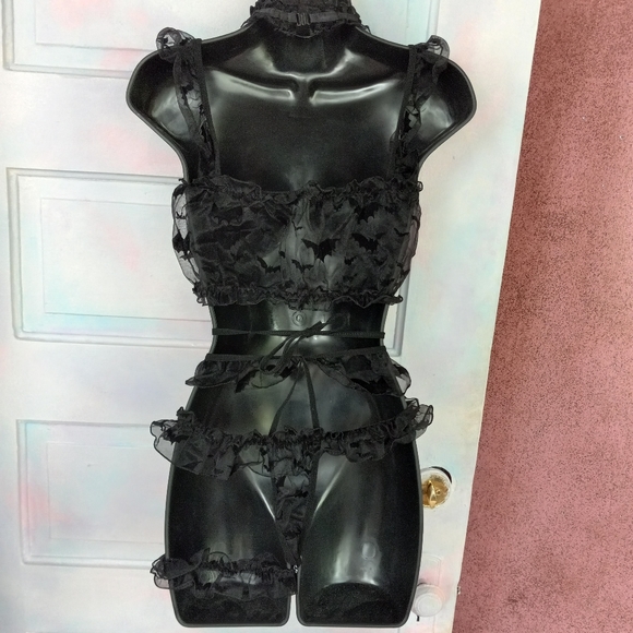 Frilly sexy bat print accent 6 piece gothic lingerie set! Lacy mesh boutique bat - Picture 5 of 16